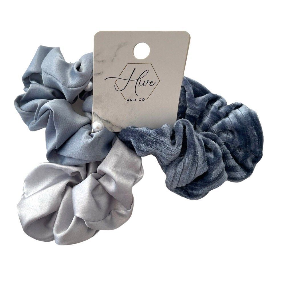 3 pcs Hair Scrunchies Hive & Co Ponytail Holders Blue Gray Silky Soft Pearls